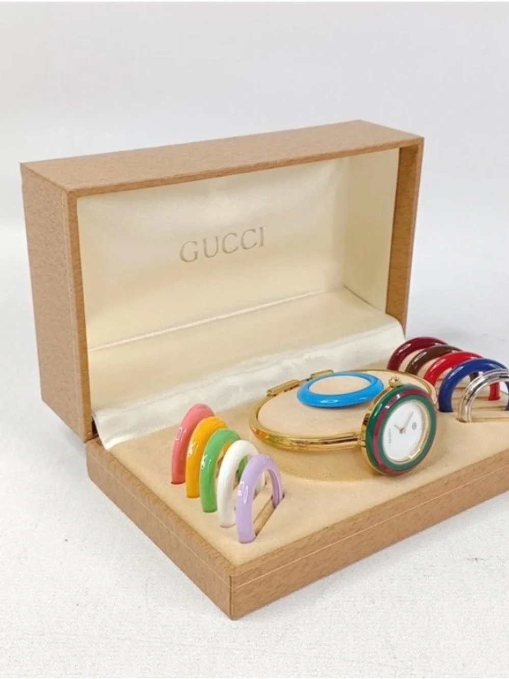 Gucci Gold Bangle Watch with Green and Red Bezel